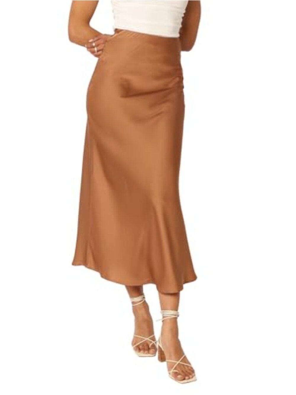 Satin Midi Skirt with Elastic Waist A-Line